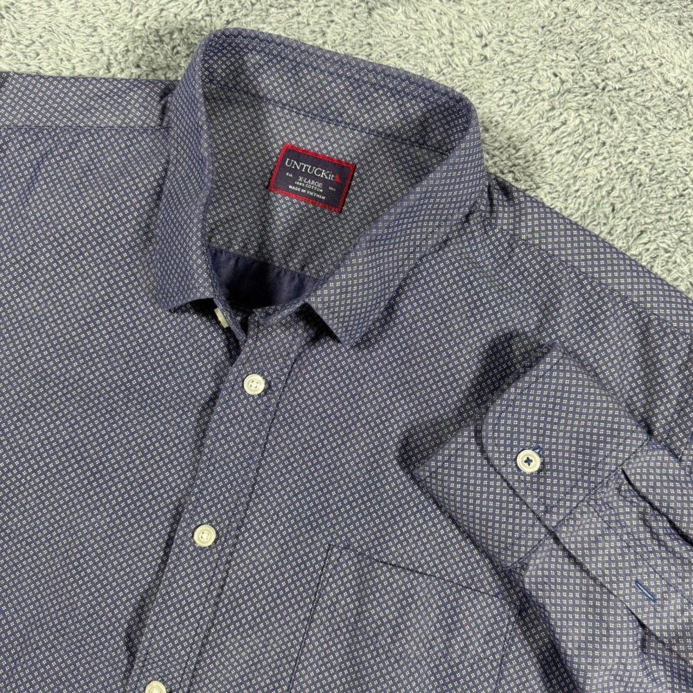 UNTUCKit Mens XL Navy‎ Blue Micro Diamond Geometric Long Sleeve Button Up  Shirt